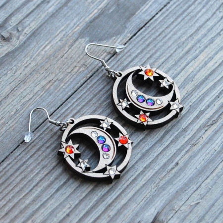 Drevené náušnice Mesiac a hviezdy