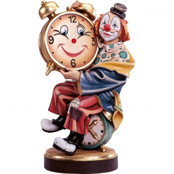 Klaun s maľovanými hodinami drevená socha