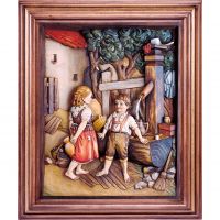 Drevený obraz deti pri studni