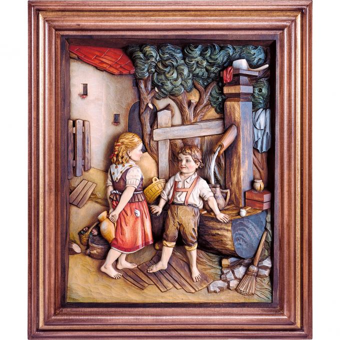 Drevený obraz deti pri studni