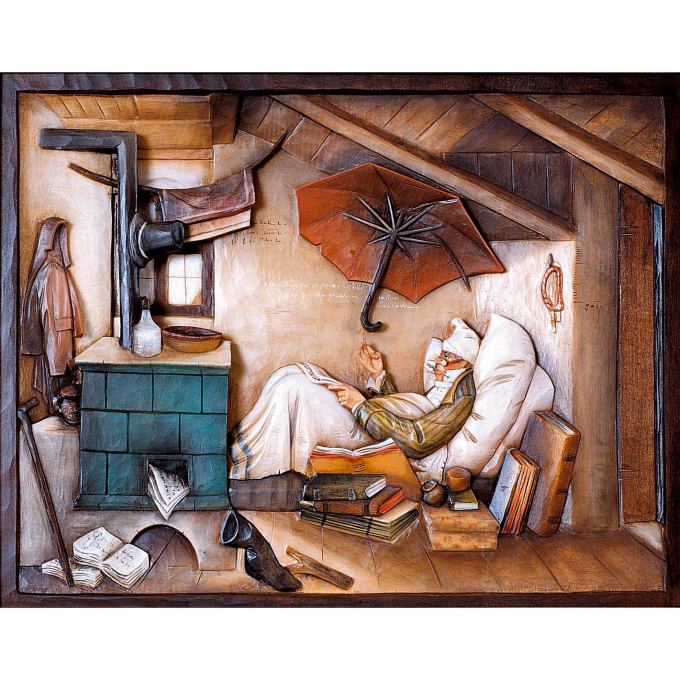 Drevený reliéf " Chudobný básnik" Spitzweg