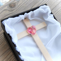 Small Wooden Wall Cross with Crystal Heart