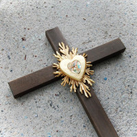 Large Wooden Wall Cross with Crystal Heart