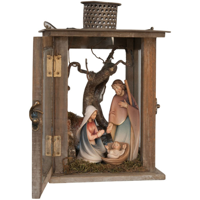 Wooden Lantern with Nativity Crib and  Family M 15cm