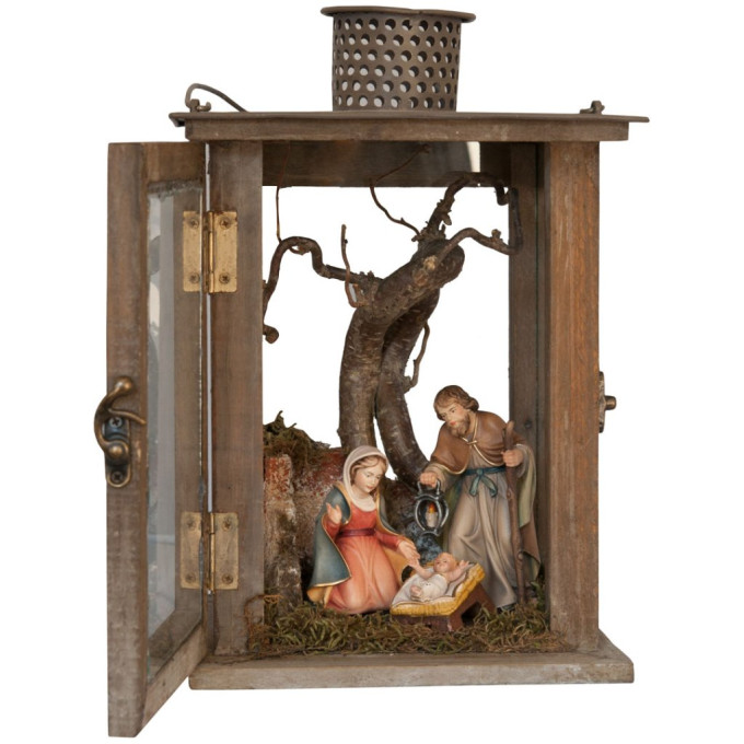 Wooden Lantern with Nativity Crib and Family B 10cm