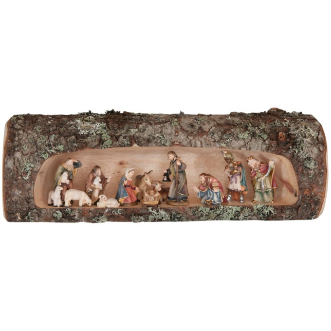 Nativity set in wood log (12 figurines)