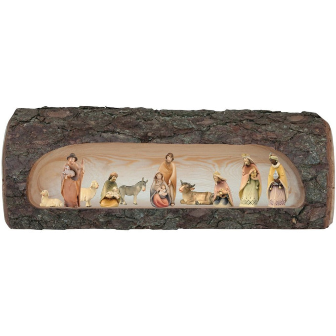 Nativity set `Morning Star` in wood log (10 figurines)