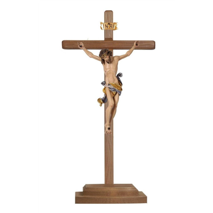 Wooden straight cross on piedestal with Corpus Leonardo