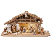 Wooden Alpine stable Kostner with lighting  and 16 figurines