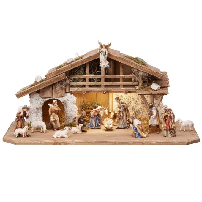 Wooden Alpine stable Kostner with lighting  and 16 figurines