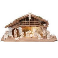 Wooden Alpine stable Kostner with lighting  and 16 figurines