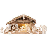 Drevený alpský betlehem so svetlom  a 24 figúrkami