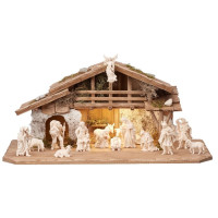 Wooden Alpine stable Rainell with lighting  and 16 figurines