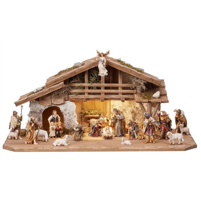 Wooden Alpine stable Rainell with lighting and 19 figurines