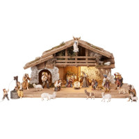 Wooden Alpine stable Rainell with lighting  and 24 figurines