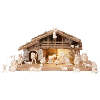 Wooden Alpine stable Rainell with lighting  and 24 figurines
