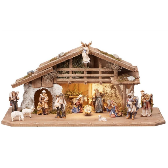Alpine Mahlknecht Nativity set with light and 16 figures
