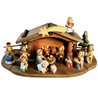 Wooden folding nativity scene with 17 figures and stable