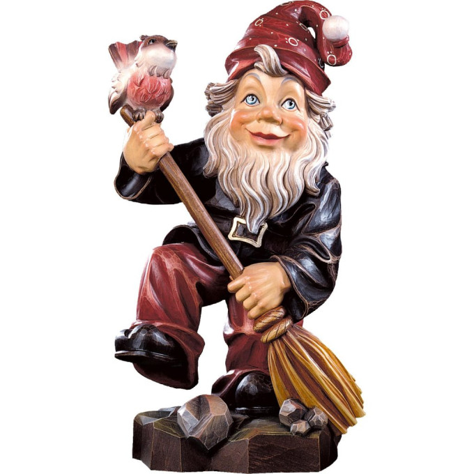 Gnome with a broom wooden statue from lime wood