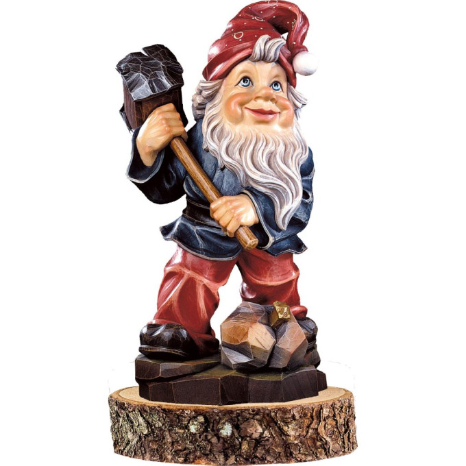 Gnome minerals collector on a wooden pedestal