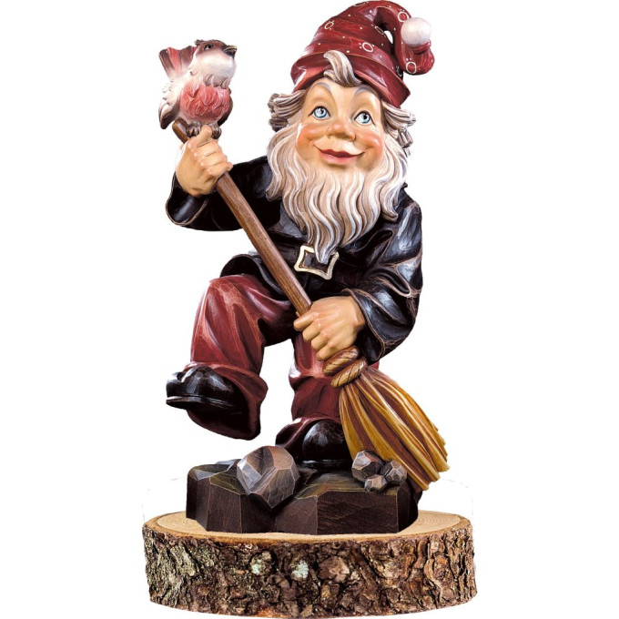 Gnome with a broom  wooden pedestal