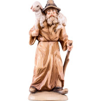 Shepherd with sheep on shoulder - farm made of pine