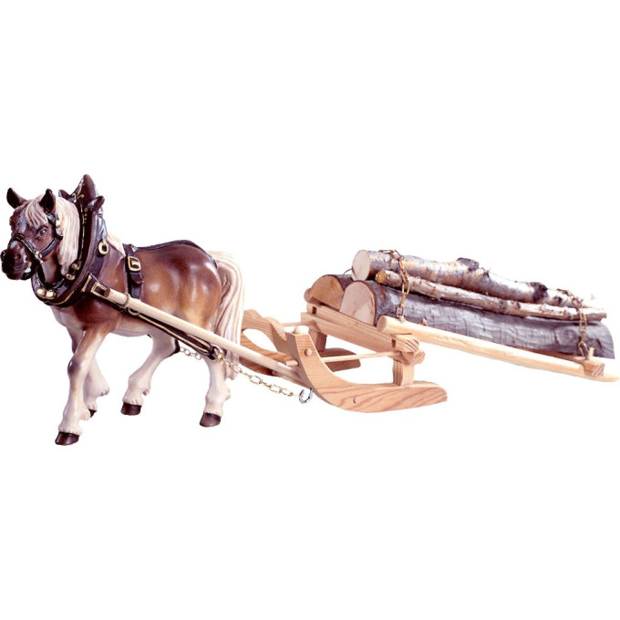 Draft horse with a wooden sleigh from lime wood