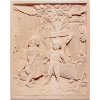 Wooden relief of children at the well