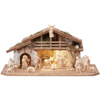 Wooden Alpine Nativity scene with light and 15 figures