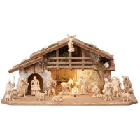 Wooden Alpine Nativity scene with light and 19 figures