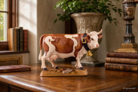 Mottled light brown cow Simmental from lime wood