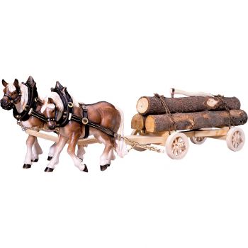 Ťažné kone s dreveným vozom a drevom