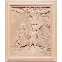 Drevený obraz deti pri studni