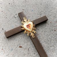 Veľký drevený kríž s Krištáľovým Srdcom-drevený kríž-kríž s krištálom -kríž pre novomanželov-kresťanské darčeky